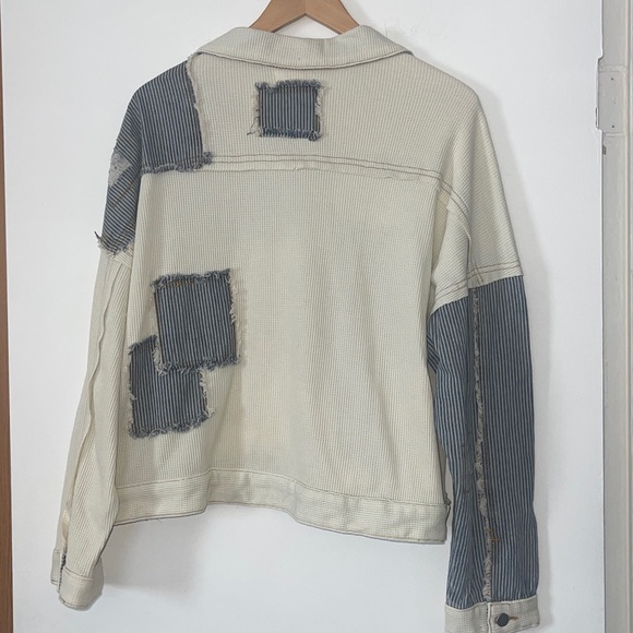 POL Ivory Multi Pinstripe Oversized Distressed Patchwork Jacket small NWT - Picture 5 of 7